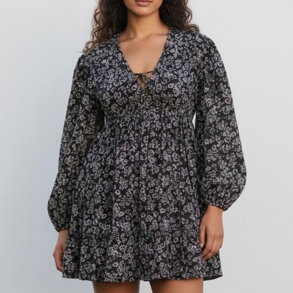 Merlette Lasse Print Mini Dress in Black Stamped Floral Size Large
